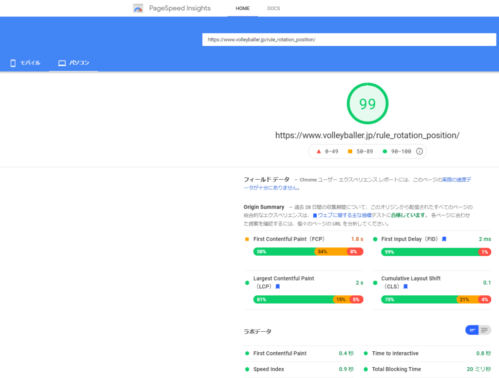 PageSpeed Insights パソコン99点